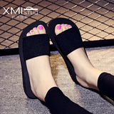 2015夏季新款大码时尚韩版厚底坡跟一字拖鞋女防滑平底沙滩凉拖鞋