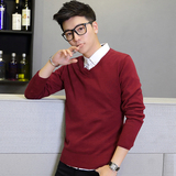 2016春季新款男士韩版修身薄款毛衣V领针织衫男长袖T恤打底衫红色