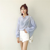 秋季新款韩版女灯笼袖宽松套头衬衫纯色压皱系带长袖上衣+G18
