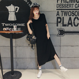 2016夏装新款韩国大码女装学生宽松莫代尔口袋V领短袖连衣裙长裙