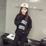 韩国 2016春新款宽松口袋字母套头长袖 有态度的黑色带帽卫衣 女