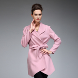 2015秋季新款 双面尼全羊毛外套中长款女式大领系带修身大衣风衣