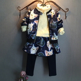 2015韩版秋新款童装女童套装小花猫印花棒球服开衫外套裙裤两件套