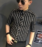 夏装新款2016韩版条纹英伦修身五分中袖衬衣夜店潮流发型师男衬衫