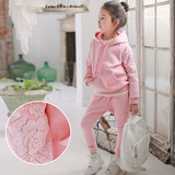 韩国东大门童装秋冬新款女童粉色蕾丝袖套装儿童时尚运动服2件套