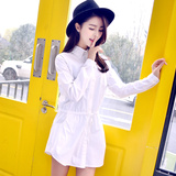 韩版2015春新款女装长袖娃娃领打底衬衣 收腰修身加长纯棉白衬衫