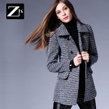 ZK2016春冬装新款毛呢外套女中长款百搭千鸟格修身显瘦呢子大衣女