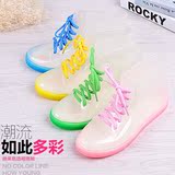 夏季糖果色雨鞋韩版透明学生雨靴女水晶绑带防滑防水甜美水鞋包邮
