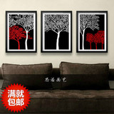 黑白红装饰画抽象画发财树现代简约三联画有框画卧室墙壁画 挂画
