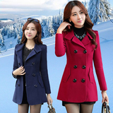 韩国女装外套2015秋冬新款韩版修身显瘦短款呢子大衣双排扣呢外套