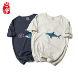 苎萝夏季日系原创个性鲨鱼图案印花短袖男T恤 潮流圆领半袖体恤衫