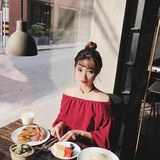 韩版2016夏季女装新款宽松一字领雪纺衫潮七分短袖喇叭袖露肩上衣