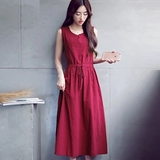 2016新款韩版女式棉麻连衣裙 修身显瘦无袖亚麻长裙 文艺范连衣裙