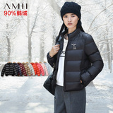 Amii[极简主义]2015冬麋鹿印花高领大码轻型短款轻薄羽绒服女修身
