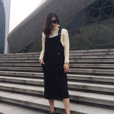 韩版2015秋冬女士修身牛仔背带裙学院风中长款口袋开叉包臀连衣裙