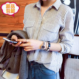 2016新款韩版清新小竖条纹ol气质棉麻衬衣女休闲长袖衬衫