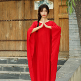 春季女装新文艺复古蝙蝠袖棉麻长袍长裙长袖连衣裙宽松中国红袍子