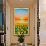 欧式手绘进门玄关风景油画向日葵竖幅走廊过道装饰画田园花卉竖版