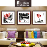 荷花 中式客厅装饰画 花卉三联画沙发背景墙画现代简约有框挂画
