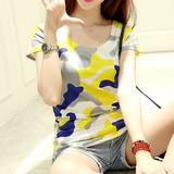 2016韩版夏季新款大码修身显瘦休闲时尚运动服迷彩短袖T恤女装潮