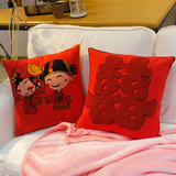 全棉绣花红色靠垫结婚床上抱枕用品礼物婚房装饰品红双喜靠垫套