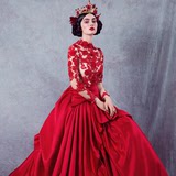 麟锦时光爱人长袖婚纱2016新款夏季红色小礼服高级定制定做小拖尾
