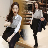 韩版春季新款女装翻领长袖衬衫雪纺衫+半身裙两件套装打底连衣裙