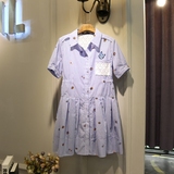 2016夏季新款韩版女装蕾丝拼接蓝条纹全棉短袖衬衫连衣裙宽松显瘦