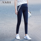 Amii女装艾米条纹字母修身百搭大码女士打底裤外穿紧身九分裤显瘦