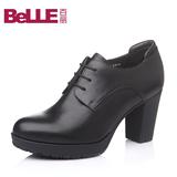 Belle/百丽春季专柜同款牛皮休闲系带高跟粗跟女鞋 BDP28AM5