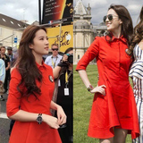 正品代购 2016夏季新品刘亦菲同款红色衬衫领不规则连衣裙