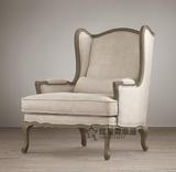 美式乡村复古做旧休闲椅欧式棉麻布艺单人椅子法式售楼处实木沙发