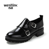 Westlink/西遇2016春季新款 英伦圆头中跟粗跟魔术贴深口休闲女鞋