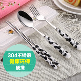 角拓者304不锈钢勺子筷子叉子陶瓷便携餐具盒套装 学生餐具三件套