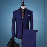 柏裳深蓝色暗纹方格子西服套装三件套男士英伦修身个性时尚西装潮