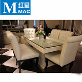天然灰白洞石餐桌椅 钢化玻璃玛卡洞石大理石餐台长方形石材餐桌