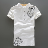 AAHH夏季男士亚麻短袖衬衫青少年修身中国风纯色套头棉麻白衬衣潮