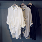 春季韩国韩范学院风春秋中长款宽松七分袖蝙蝠袖雪纺女衬衣白衬衫