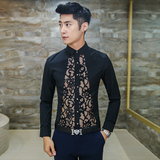 新款韩版修身蕾丝拼接镂空透视潮男士长袖发型师衬衫夜店舞台衬衣