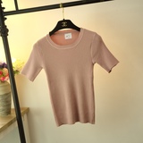 夏季韩版修身显瘦圆领短袖t恤女纯色冰丝打底衫短款针织中袖T恤薄