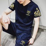 夏装男士运动t恤套装韩版修身圆领纯色短袖t恤套装男生半袖体恤潮