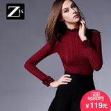ZK2016冬装新款酒红色毛衣长袖宽松套头打底衫立领修身针织衫女装