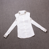 快乐欧洲站2015秋冬欧货新款长袖镶钻钉珠修身衬衣女白色短款衬衫