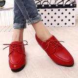 红色女鞋精品2015秋季新款真皮特色女皮鞋牛皮系带尖头粗跟潮单鞋