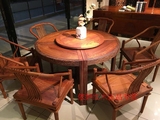 依婷红木餐桌缅甸花梨木圆形餐桌新中式大果紫檀饭桌一桌六椅圆台