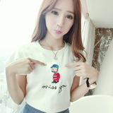 夏季新款韩版圆领上衣修身刺绣卡通白色短袖棉T恤女学生可爱 F279