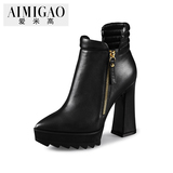 AIMIGAO爱米高2015秋冬新款 胎牛皮高跟侧拉链短靴粗跟防水台女靴