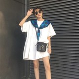 韩国ulzzang夏季女装学院风海军领时尚宽松娃娃衫休闲短袖连衣裙