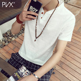夏季棉麻短袖t恤青年男士v领亚麻韩版大码宽松休闲流行男装半袖