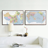 中国地图世界地图有框办公室装饰画书房高清新版油画布地图挂图